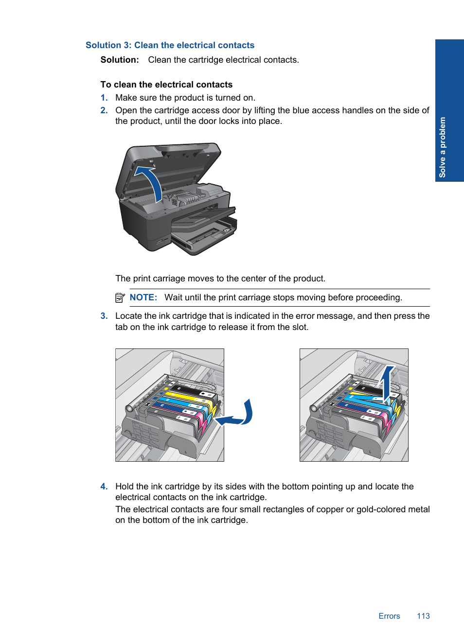 Solution 3: clean the electrical contacts | HP Photosmart Premium C309 User Manual | Page 116 / 163