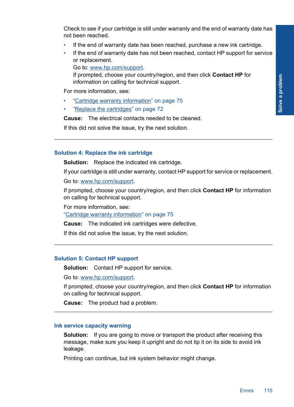 Ink service capacity warning, Solution 4: replace the ink cartridge | HP Photosmart Premium C309 User Manual | Page 118 / 163