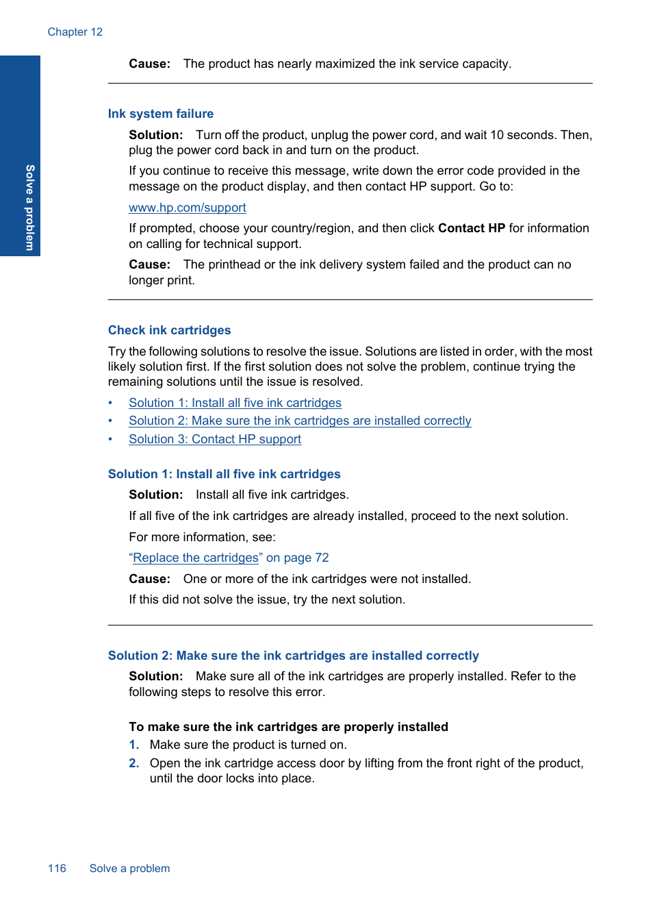 Check ink cartridges, Ink system failure | HP Photosmart Premium C309 User Manual | Page 119 / 163