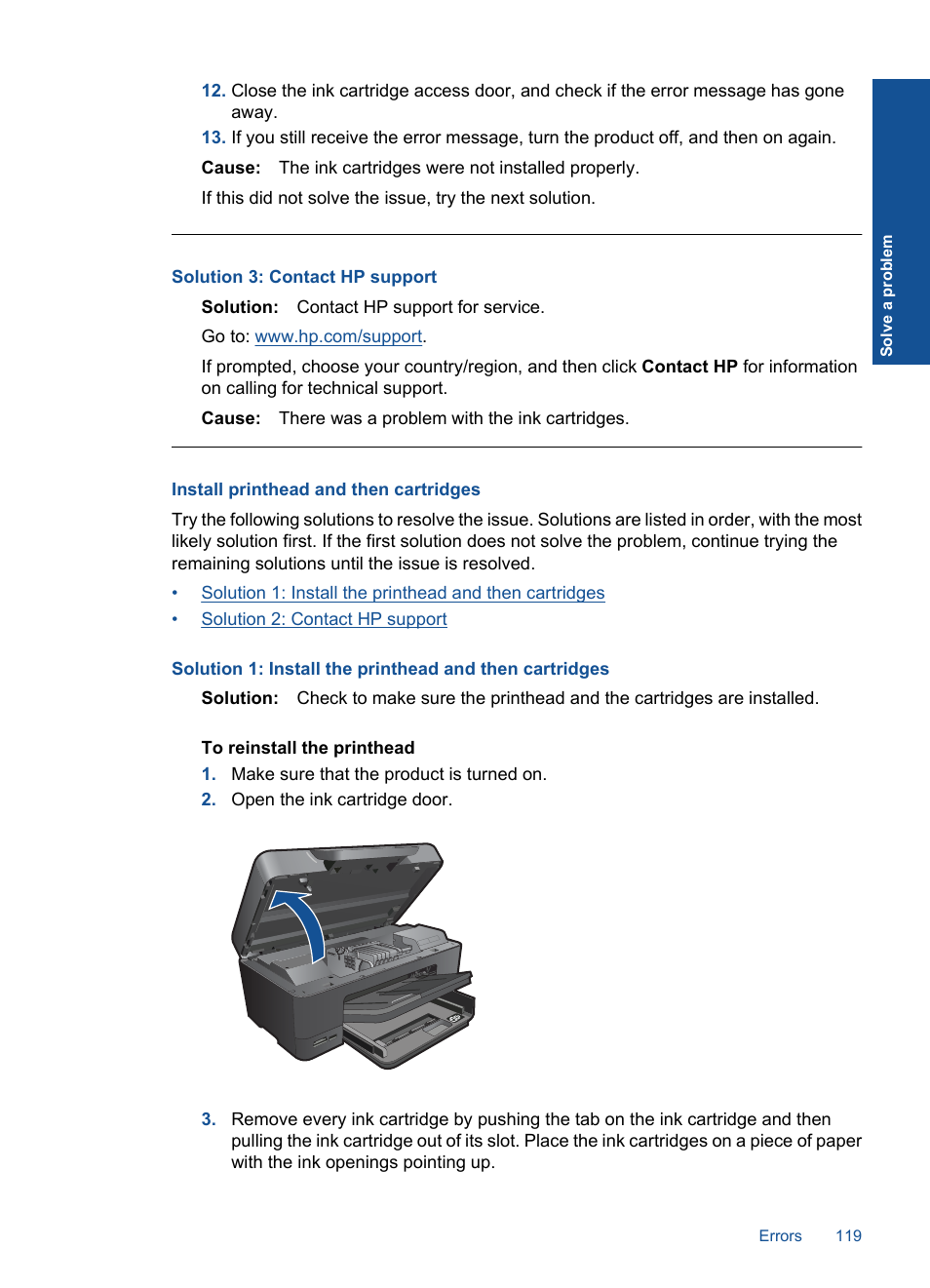 Install printhead and then cartridges, Solution 3: contact hp support | HP Photosmart Premium C309 User Manual | Page 122 / 163