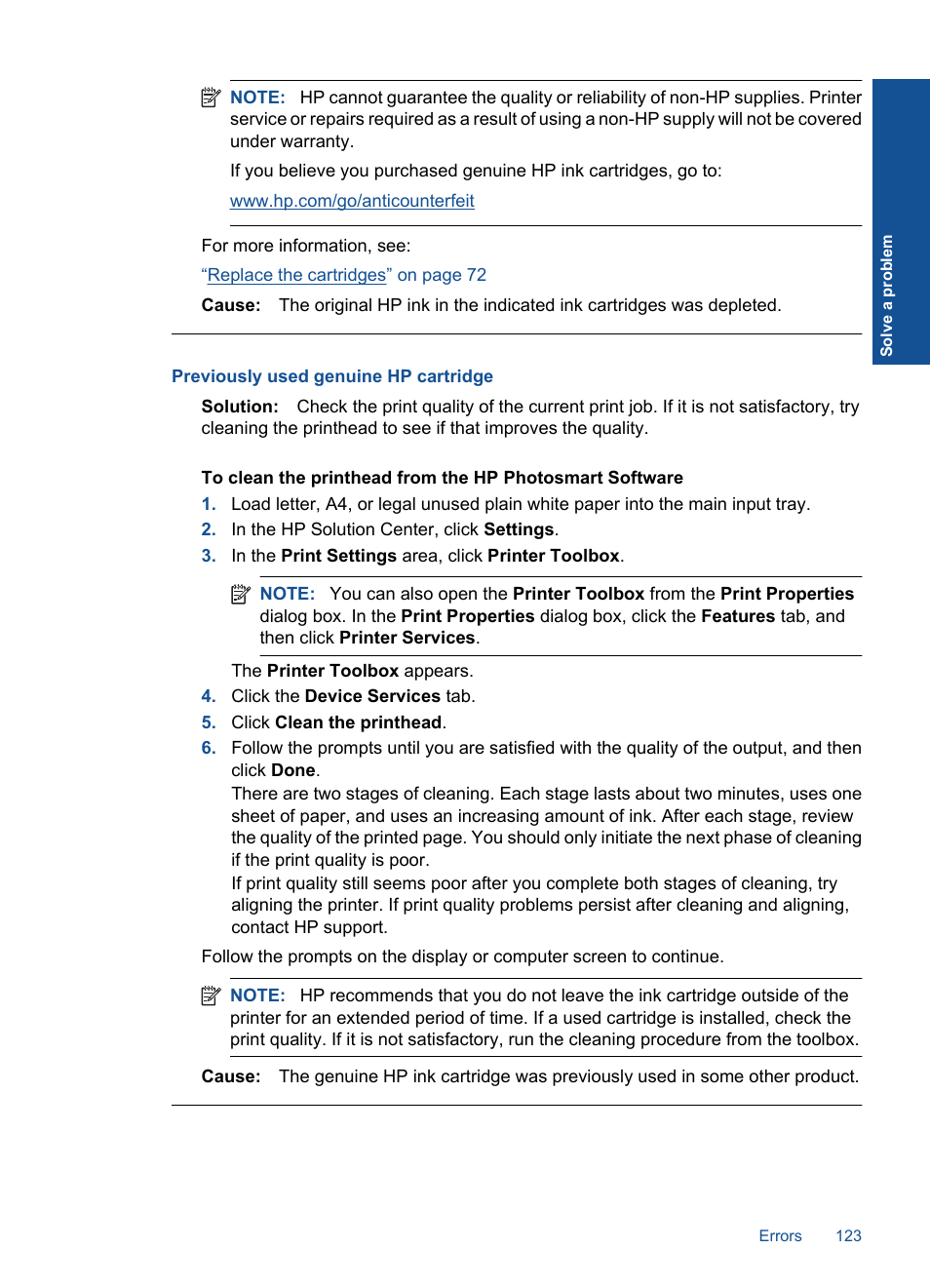 Previously used genuine hp cartridge | HP Photosmart Premium C309 User Manual | Page 126 / 163