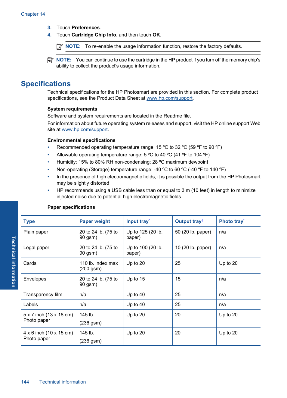 Specifications | HP Photosmart Premium C309 User Manual | Page 147 / 163