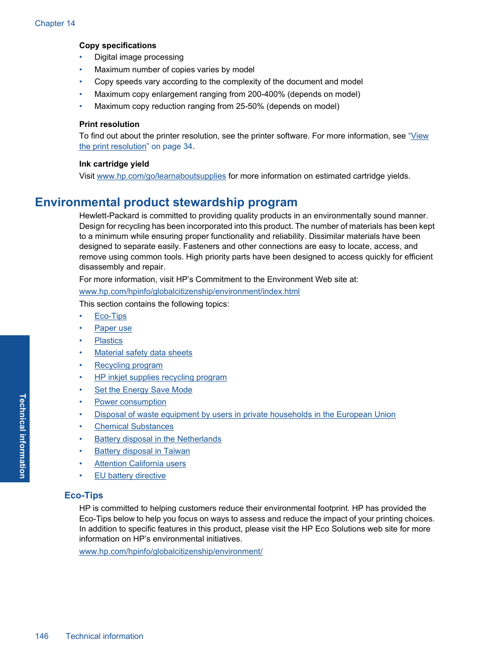 Environmental product stewardship program, Eco-tips | HP Photosmart Premium C309 User Manual | Page 149 / 163