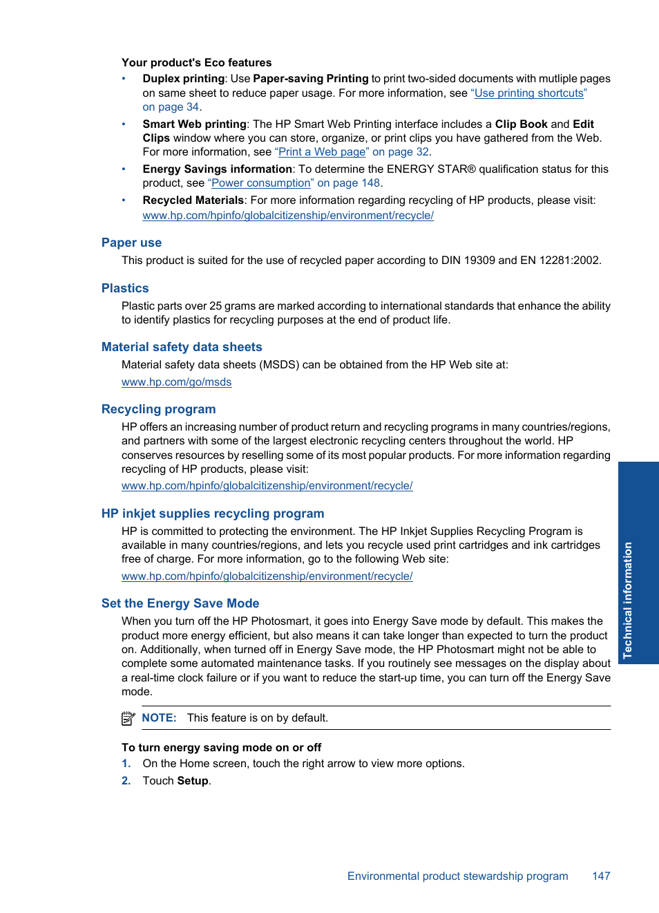 Paper use, Plastics, Material safety data sheets | Recycling program, Hp inkjet supplies recycling program, Set the energy save mode | HP Photosmart Premium C309 User Manual | Page 150 / 163