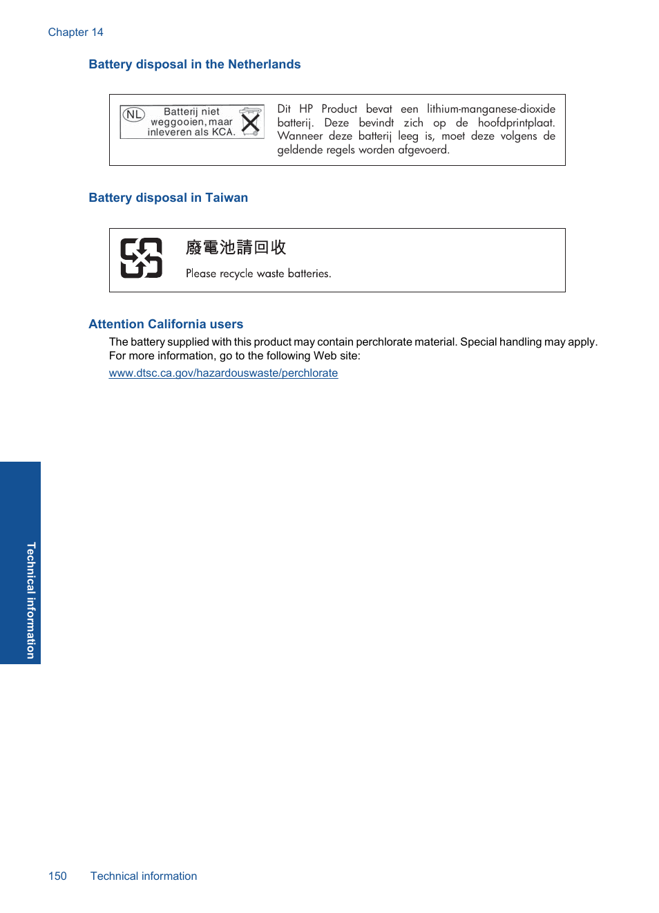 Battery disposal in the netherlands, Battery disposal in taiwan, Attention california users | HP Photosmart Premium C309 User Manual | Page 153 / 163