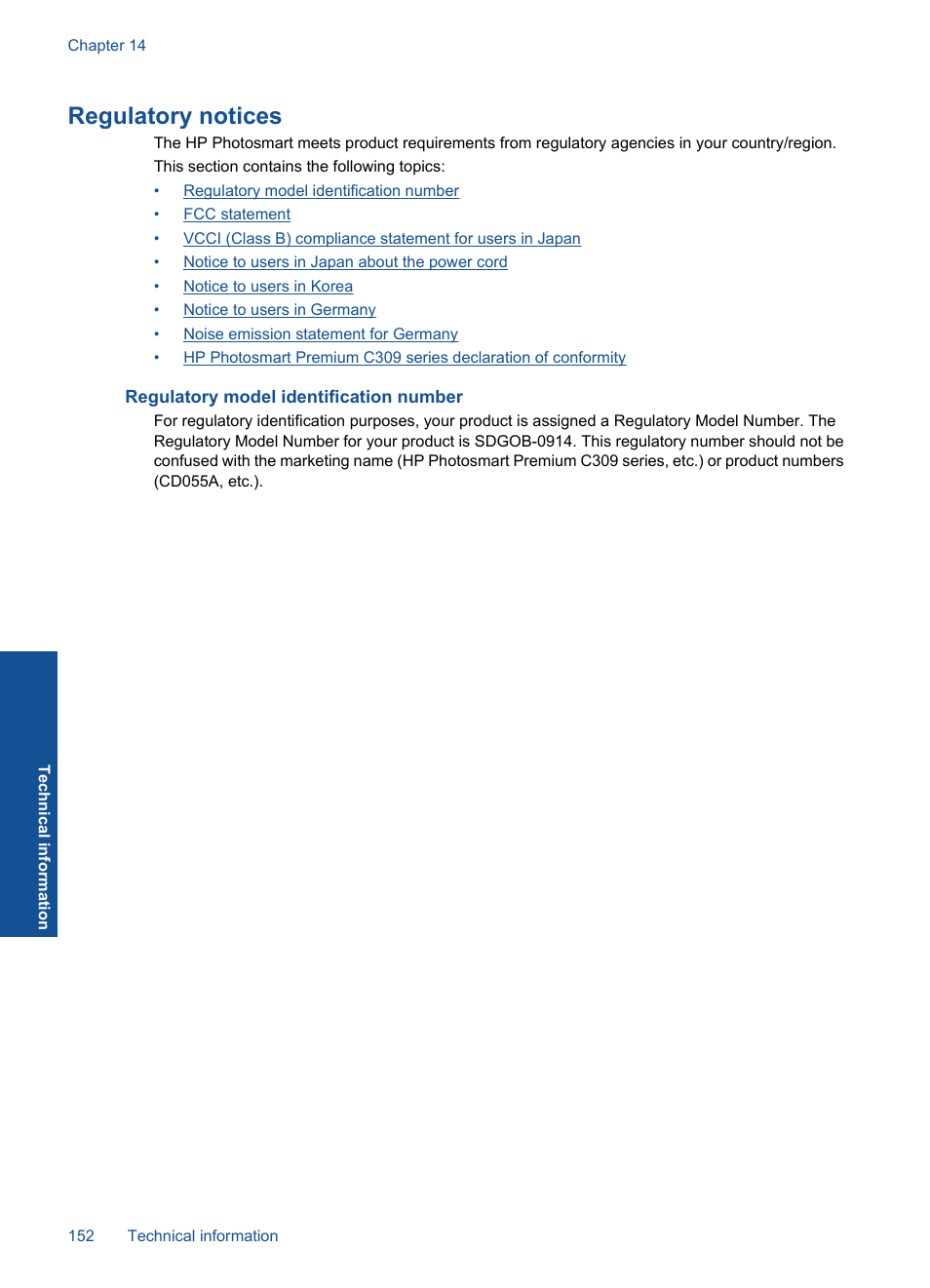 Regulatory notices, Regulatory model identification number | HP Photosmart Premium C309 User Manual | Page 155 / 163