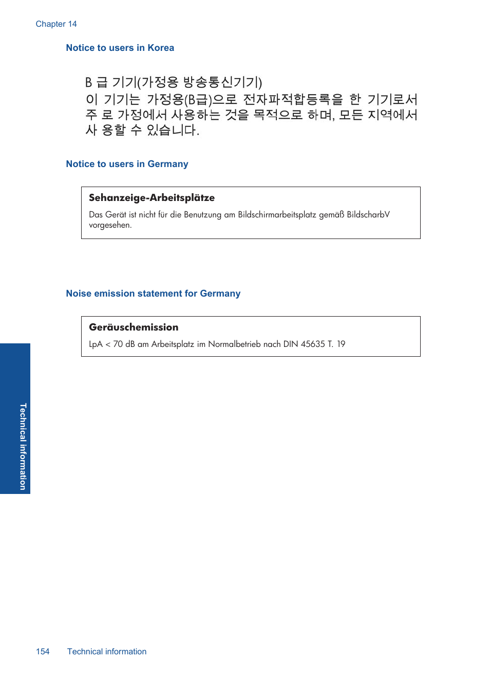 Notice to users in korea, Notice to users in germany, Noise emission statement for germany | HP Photosmart Premium C309 User Manual | Page 157 / 163