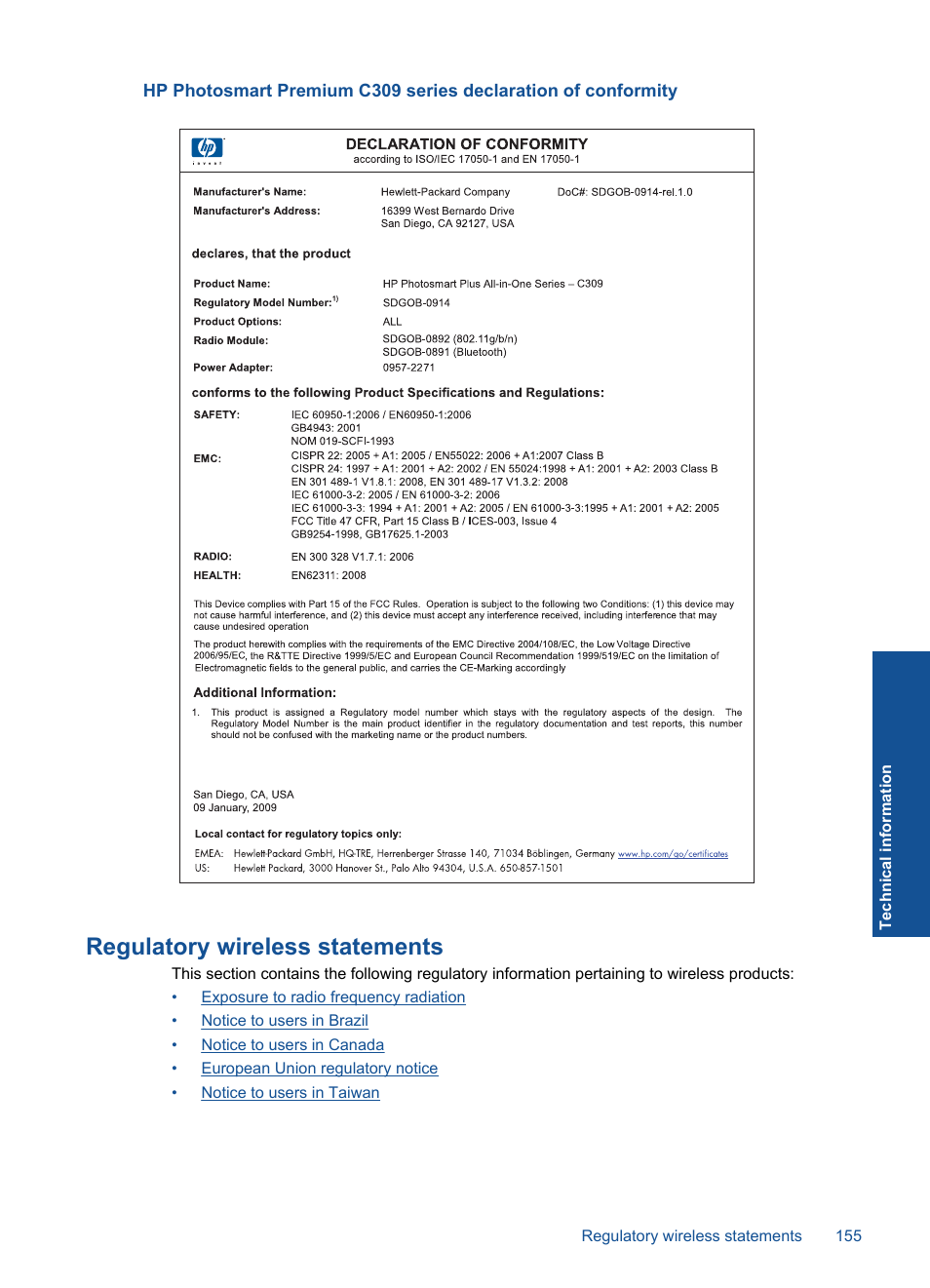 Regulatory wireless statements | HP Photosmart Premium C309 User Manual | Page 158 / 163