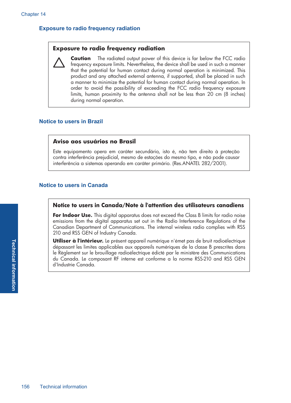 Exposure to radio frequency radiation, Notice to users in brazil, Notice to users in canada | HP Photosmart Premium C309 User Manual | Page 159 / 163