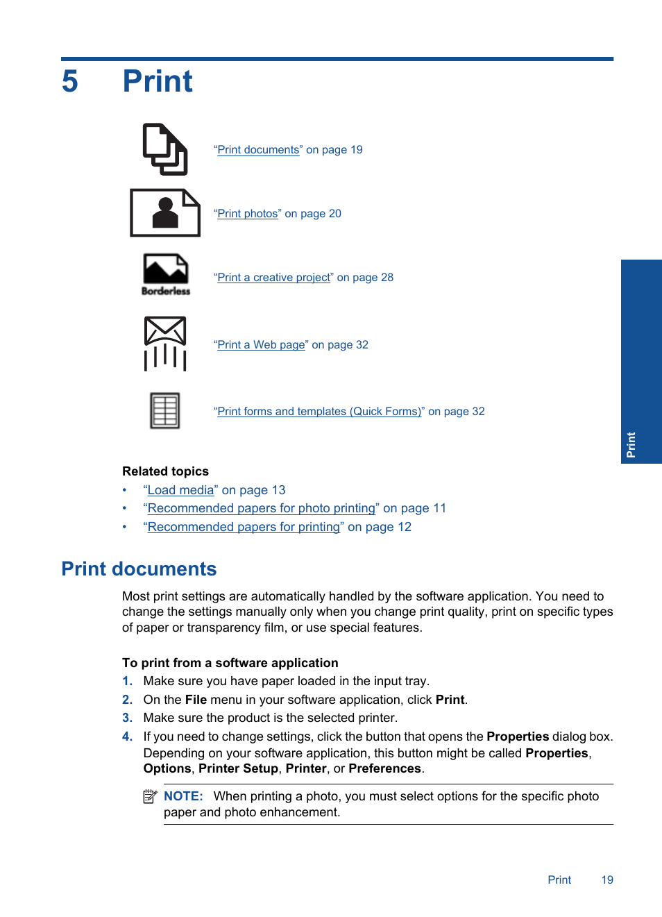 Print, Print documents, 5 print | 5print | HP Photosmart Premium C309 User Manual | Page 22 / 163