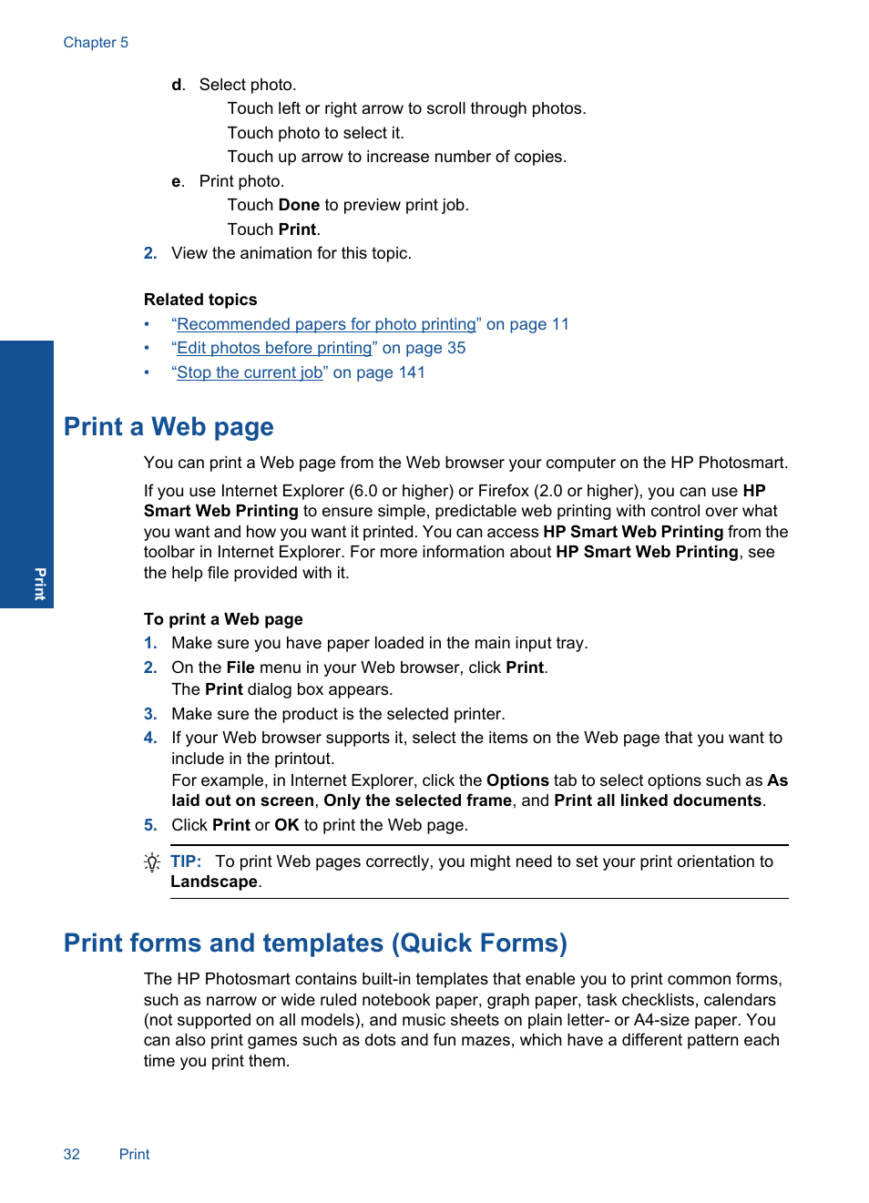 Print forms and templates (quick forms), Print a web page | HP Photosmart Premium C309 User Manual | Page 35 / 163