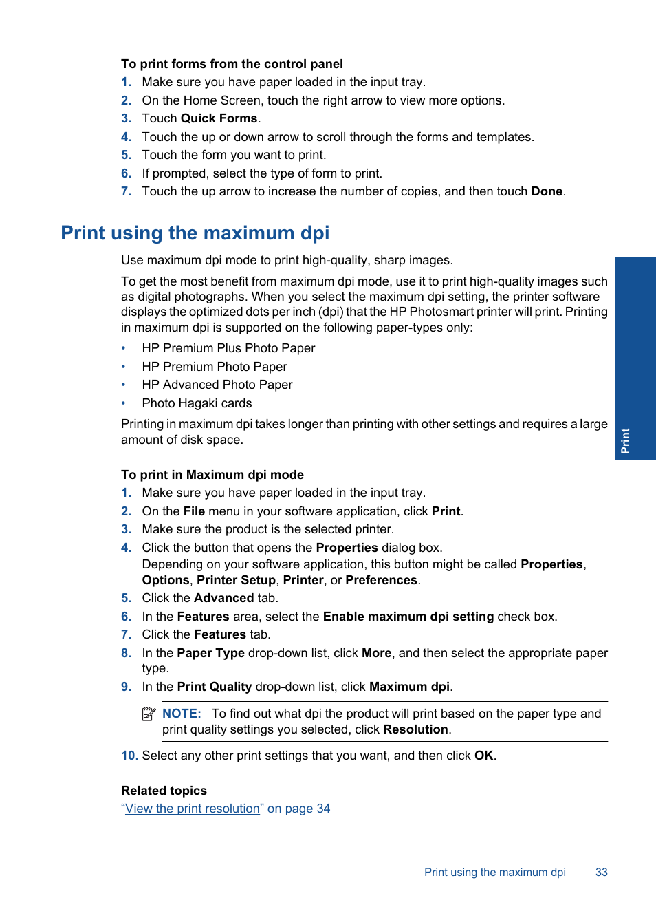 Print using the maximum dpi | HP Photosmart Premium C309 User Manual | Page 36 / 163