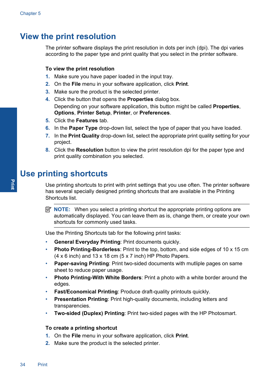 View the print resolution, Use printing shortcuts | HP Photosmart Premium C309 User Manual | Page 37 / 163
