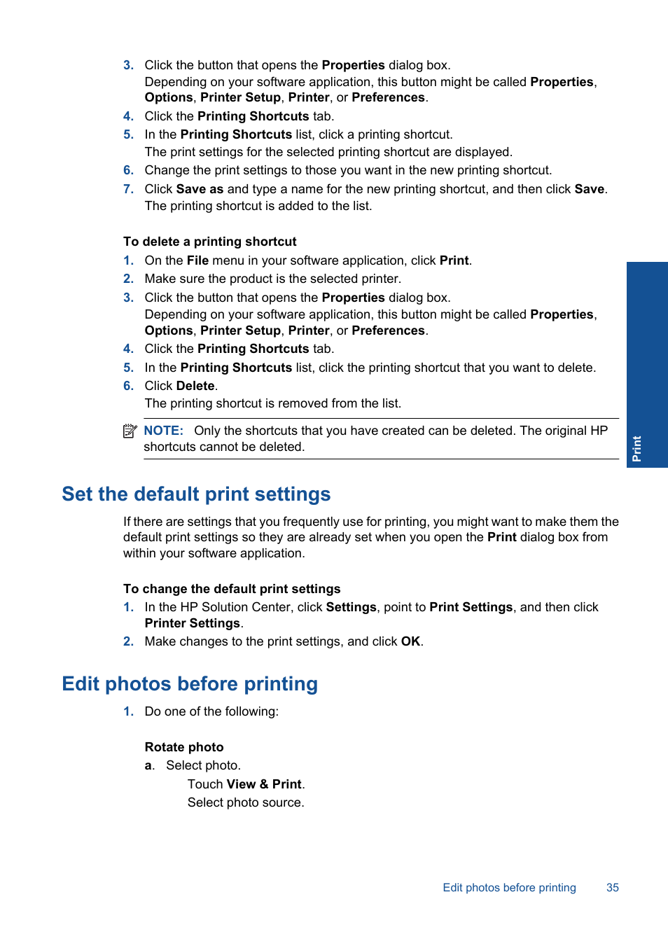 Set the default print settings, Edit photos before printing | HP Photosmart Premium C309 User Manual | Page 38 / 163