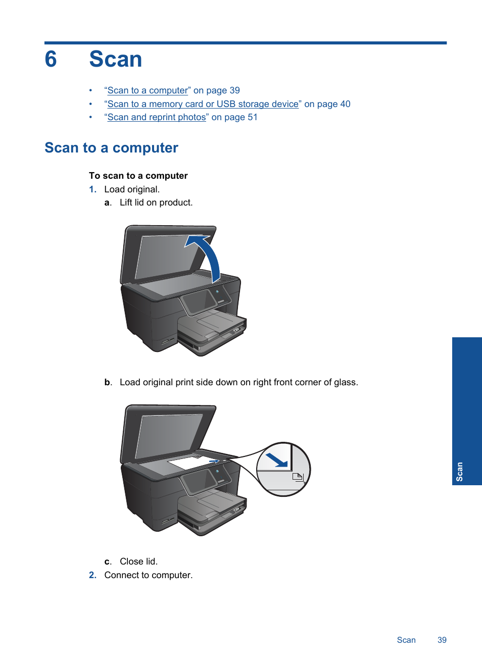 Scan, Scan to a computer, 6 scan | 6scan | HP Photosmart Premium C309 User Manual | Page 42 / 163