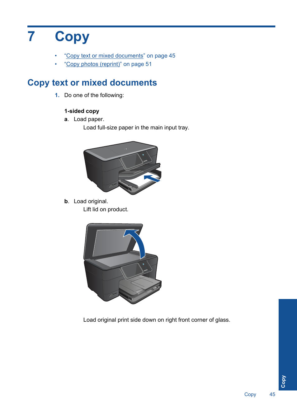 Copy, Copy text or mixed documents, 7 copy | 7copy | HP Photosmart Premium C309 User Manual | Page 48 / 163
