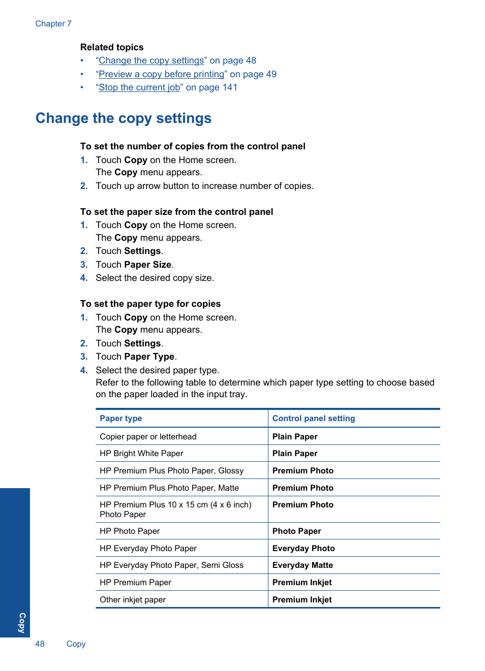 Change the copy settings | HP Photosmart Premium C309 User Manual | Page 51 / 163