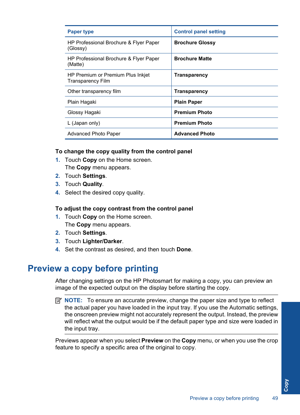 Preview a copy before printing | HP Photosmart Premium C309 User Manual | Page 52 / 163
