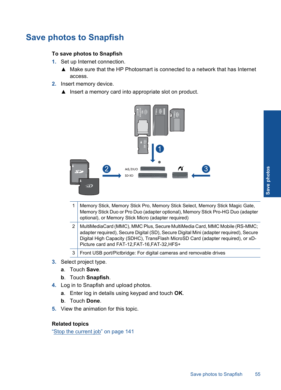 Save photos to snapfish | HP Photosmart Premium C309 User Manual | Page 58 / 163