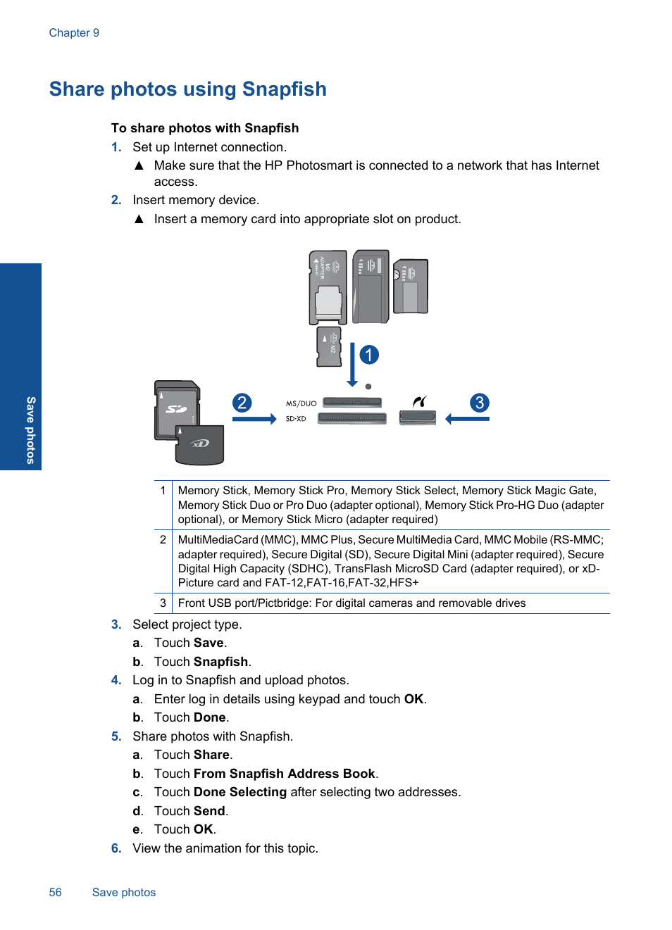 Share photos using snapfish | HP Photosmart Premium C309 User Manual | Page 59 / 163