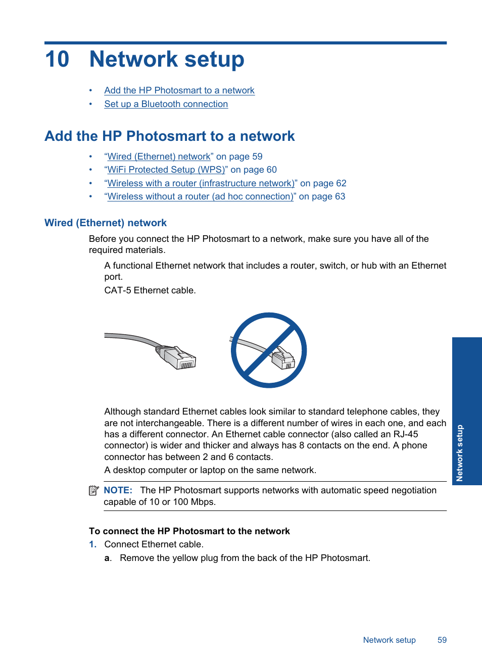 Network setup, Add the hp photosmart to a network, 10 network setup | HP Photosmart Premium C309 User Manual | Page 62 / 163