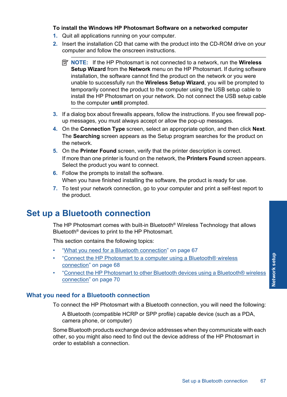 Set up a bluetooth connection | HP Photosmart Premium C309 User Manual | Page 70 / 163