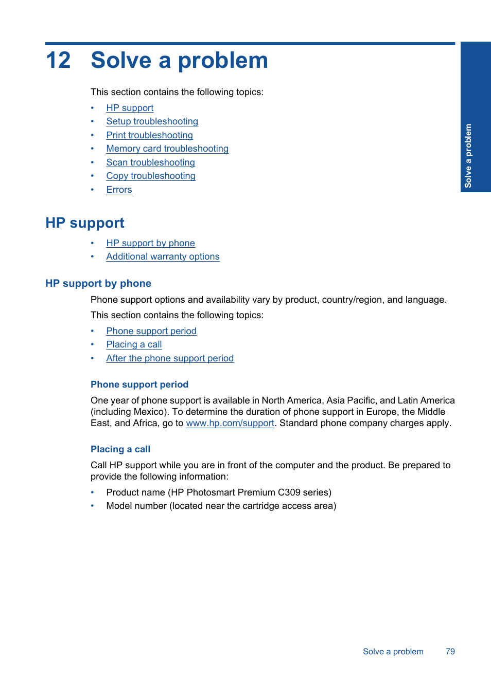 Solve a problem, Hp support, Hp support by phone | Phone support period, Placing a call, 12 solve a problem | HP Photosmart Premium C309 User Manual | Page 82 / 163