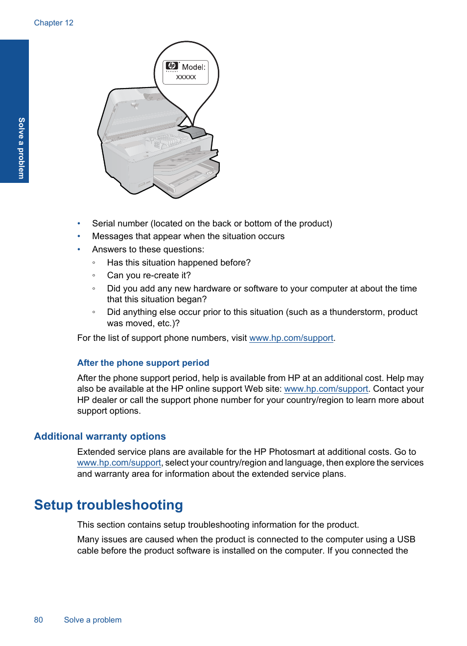After the phone support period, Additional warranty options, Setup troubleshooting | HP Photosmart Premium C309 User Manual | Page 83 / 163