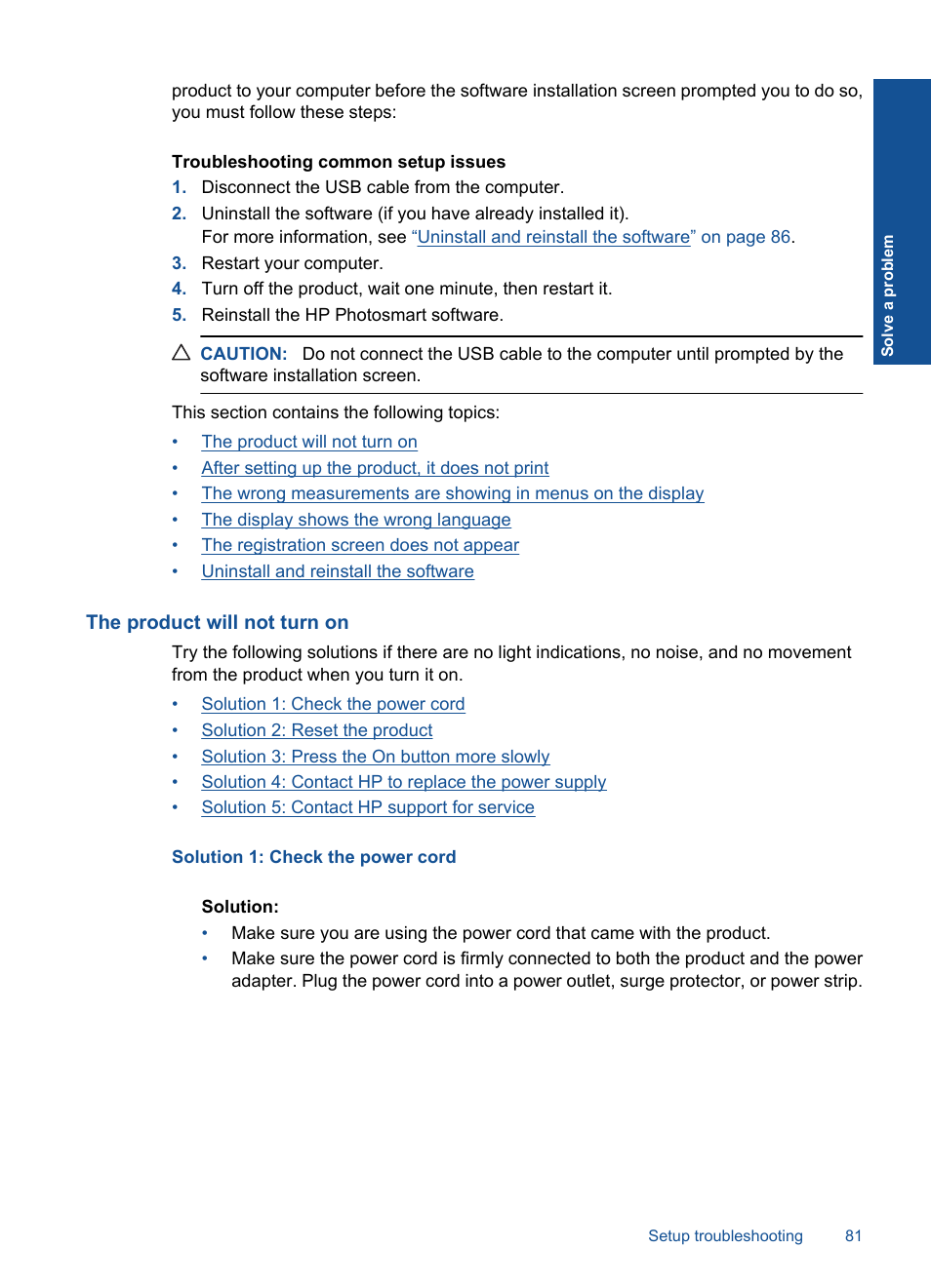 The product will not turn on | HP Photosmart Premium C309 User Manual | Page 84 / 163