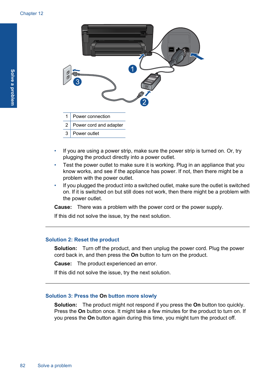 Solution 2: reset the product, Solution 3: press the on button more slowly | HP Photosmart Premium C309 User Manual | Page 85 / 163