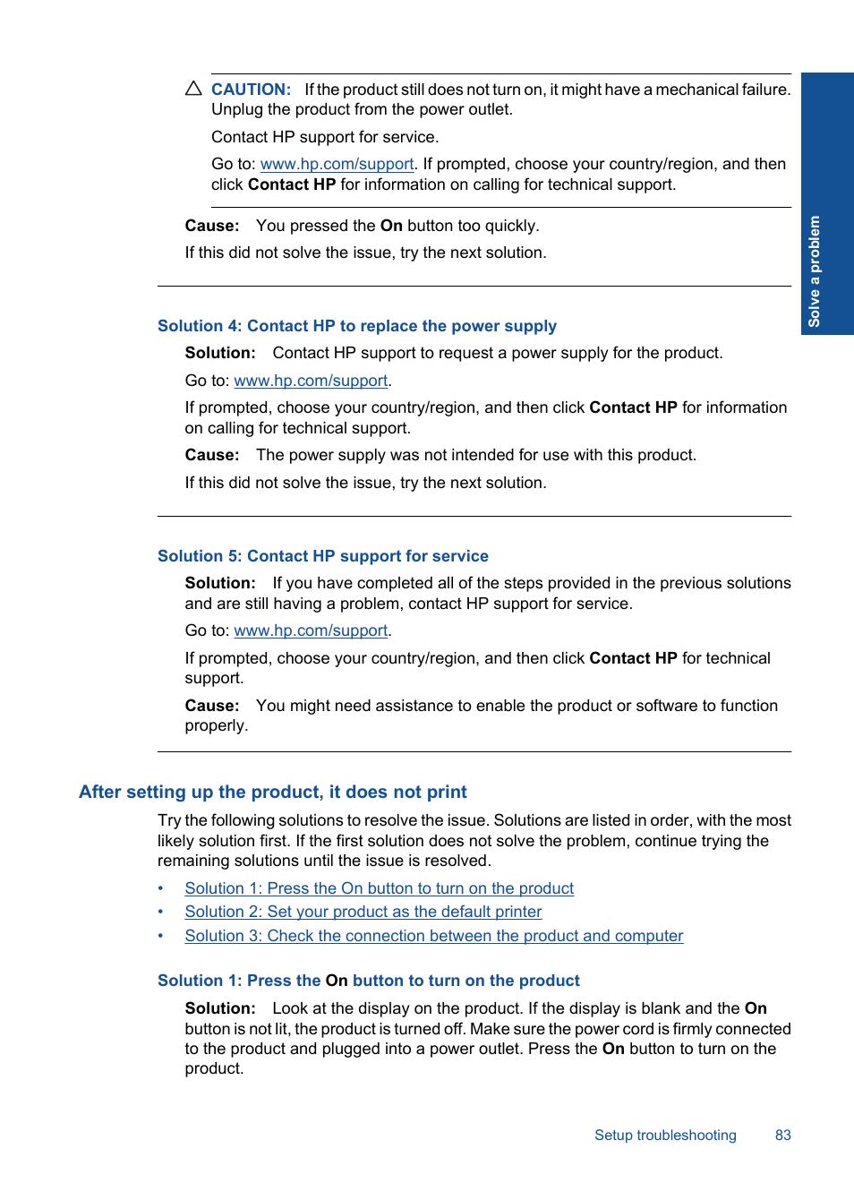 After setting up the product, it does not print, Solution 4: contact hp to replace the power supply, Solution 5: contact hp support for service | HP Photosmart Premium C309 User Manual | Page 86 / 163