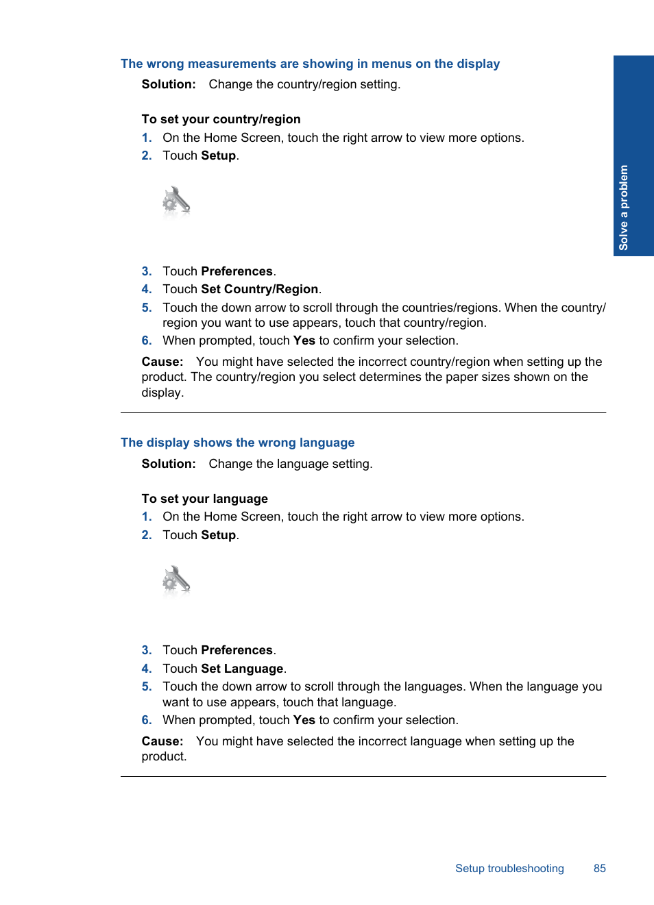 The display shows the wrong language | HP Photosmart Premium C309 User Manual | Page 88 / 163