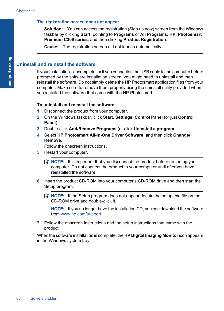 Uninstall and reinstall the software, The registration screen does not appear | HP Photosmart Premium C309 User Manual | Page 89 / 163