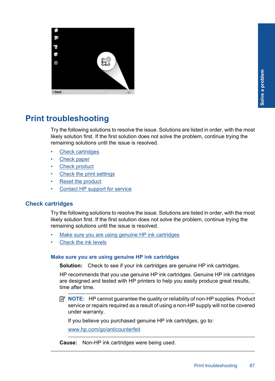 Print troubleshooting, Check cartridges | HP Photosmart Premium C309 User Manual | Page 90 / 163