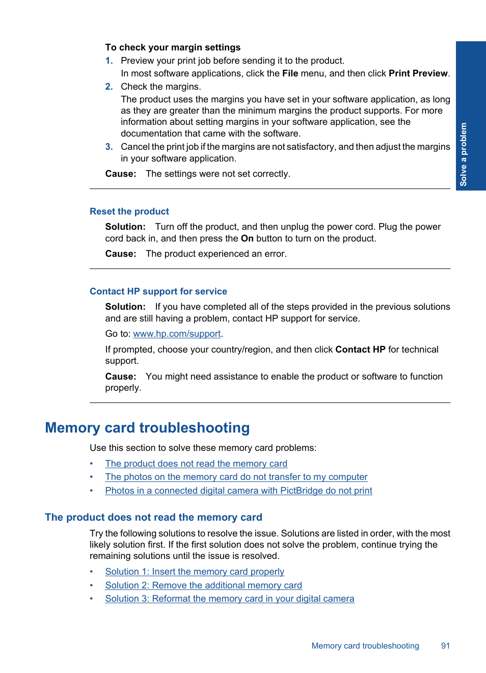 Memory card troubleshooting, The product does not read the memory card, Reset the product | Contact hp support for service | HP Photosmart Premium C309 User Manual | Page 94 / 163
