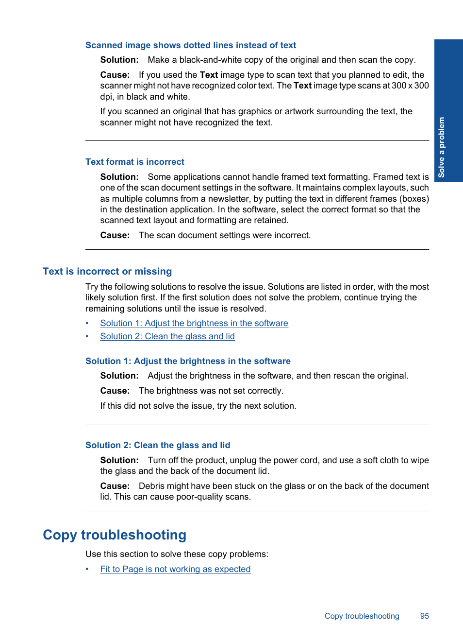 Text is incorrect or missing, Copy troubleshooting, Scanned image shows dotted lines instead of text | Text format is incorrect | HP Photosmart Premium C309 User Manual | Page 98 / 163