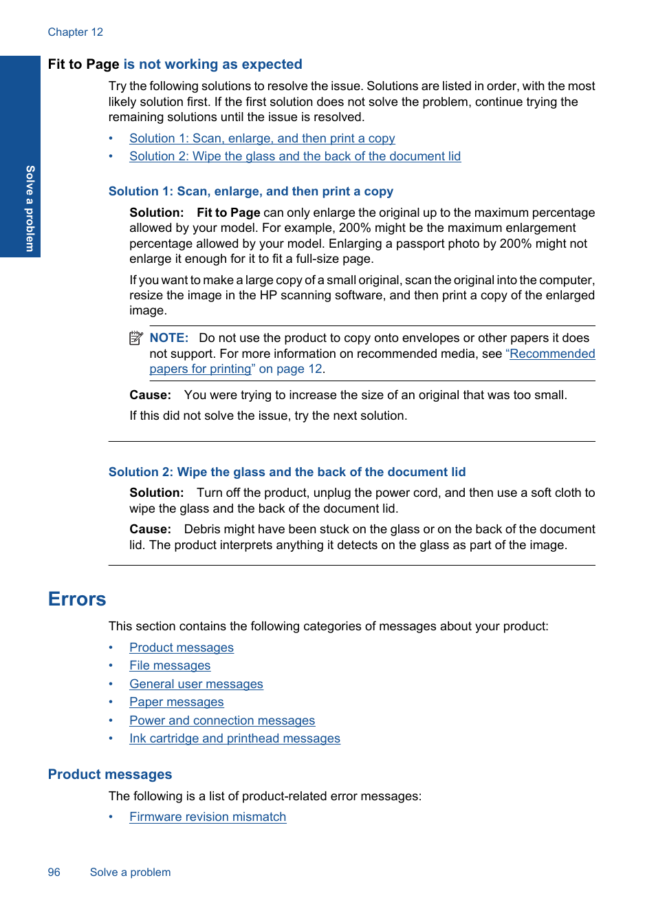 Errors, Product messages | HP Photosmart Premium C309 User Manual | Page 99 / 163