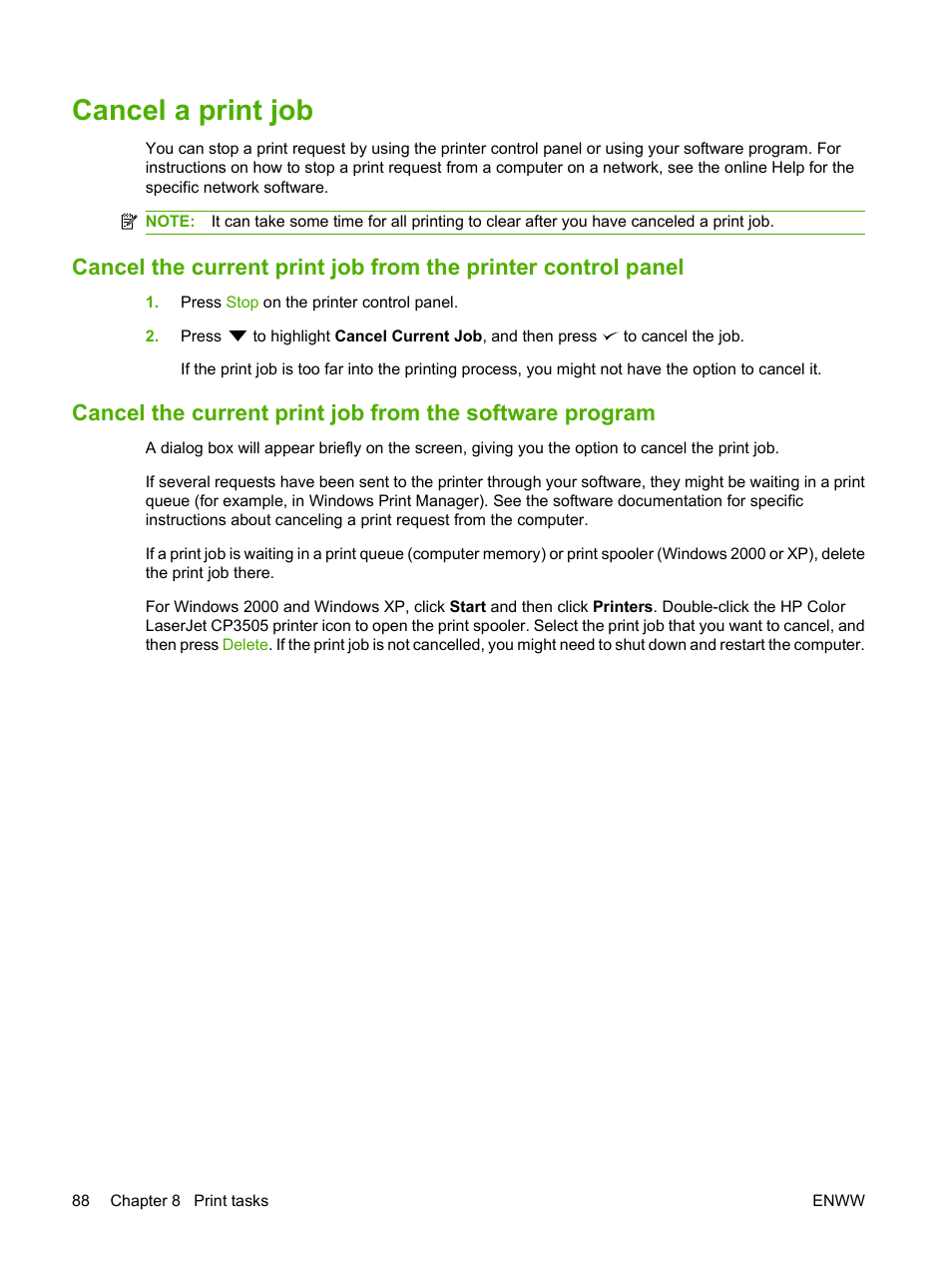 Cancel a print job | HP Color LaserJet CP3505 Printer series User Manual | Page 100 / 226