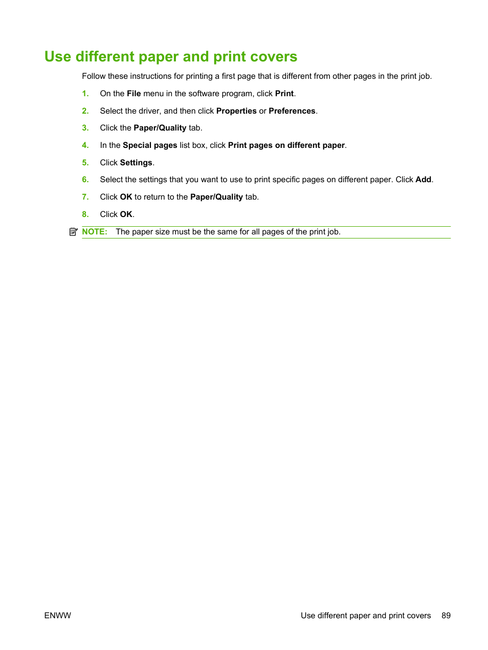 Use different paper and print covers | HP Color LaserJet CP3505 Printer series User Manual | Page 101 / 226