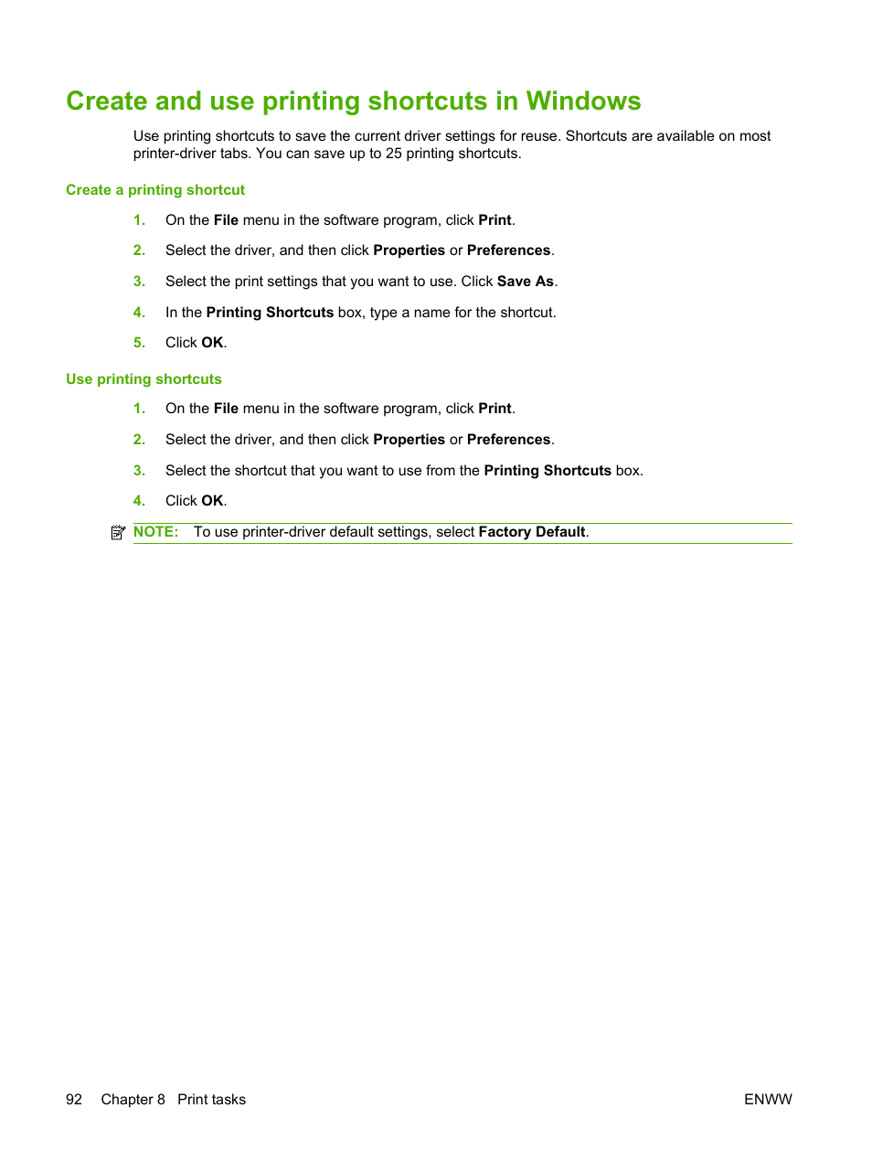 Create and use printing shortcuts in windows | HP Color LaserJet CP3505 Printer series User Manual | Page 104 / 226