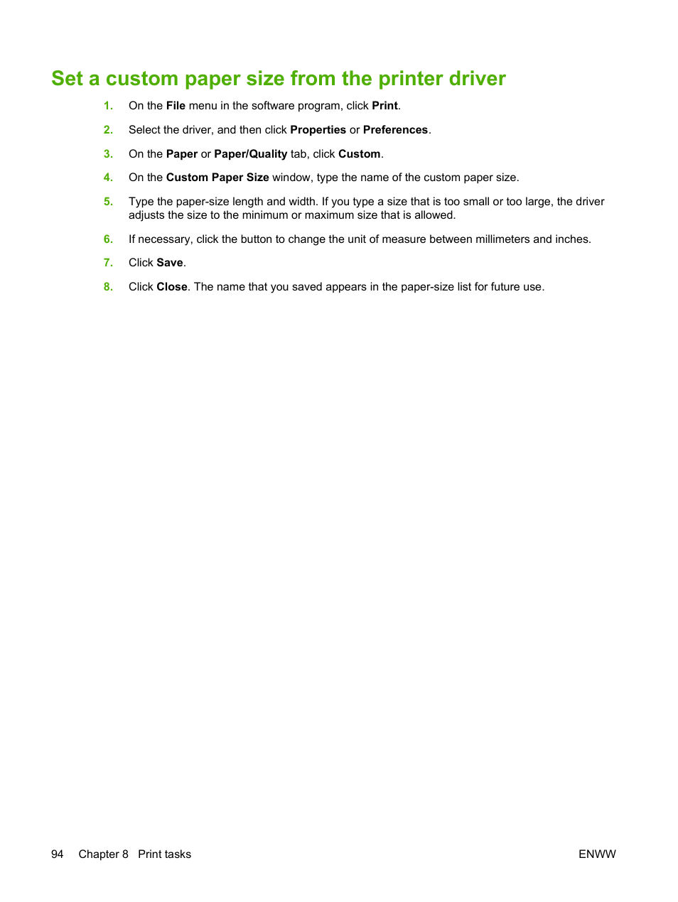 Set a custom paper size from the printer driver | HP Color LaserJet CP3505 Printer series User Manual | Page 106 / 226