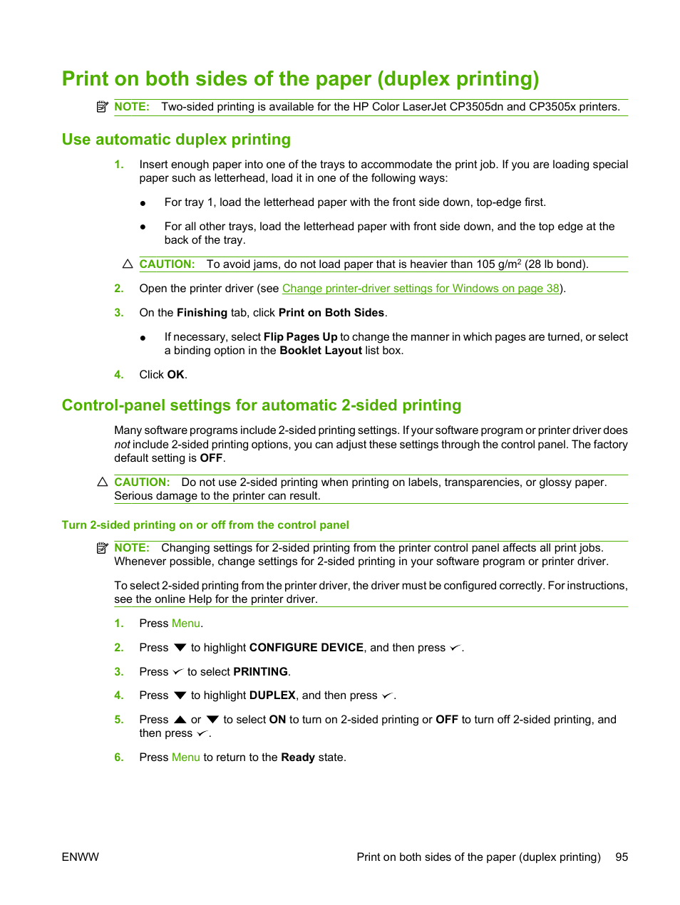 Print on both sides of the paper (duplex printing), Use automatic duplex printing | HP Color LaserJet CP3505 Printer series User Manual | Page 107 / 226