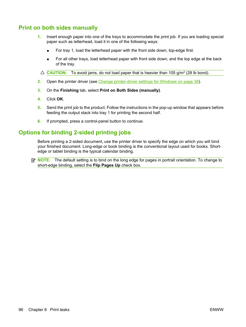 Print on both sides manually, Options for binding 2-sided printing jobs | HP Color LaserJet CP3505 Printer series User Manual | Page 108 / 226