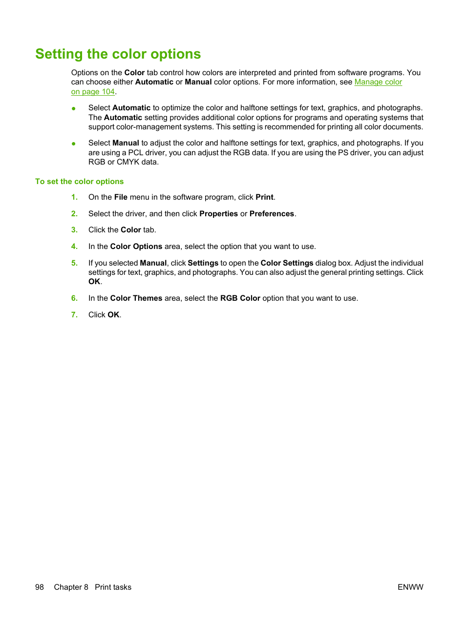 Setting the color options | HP Color LaserJet CP3505 Printer series User Manual | Page 110 / 226