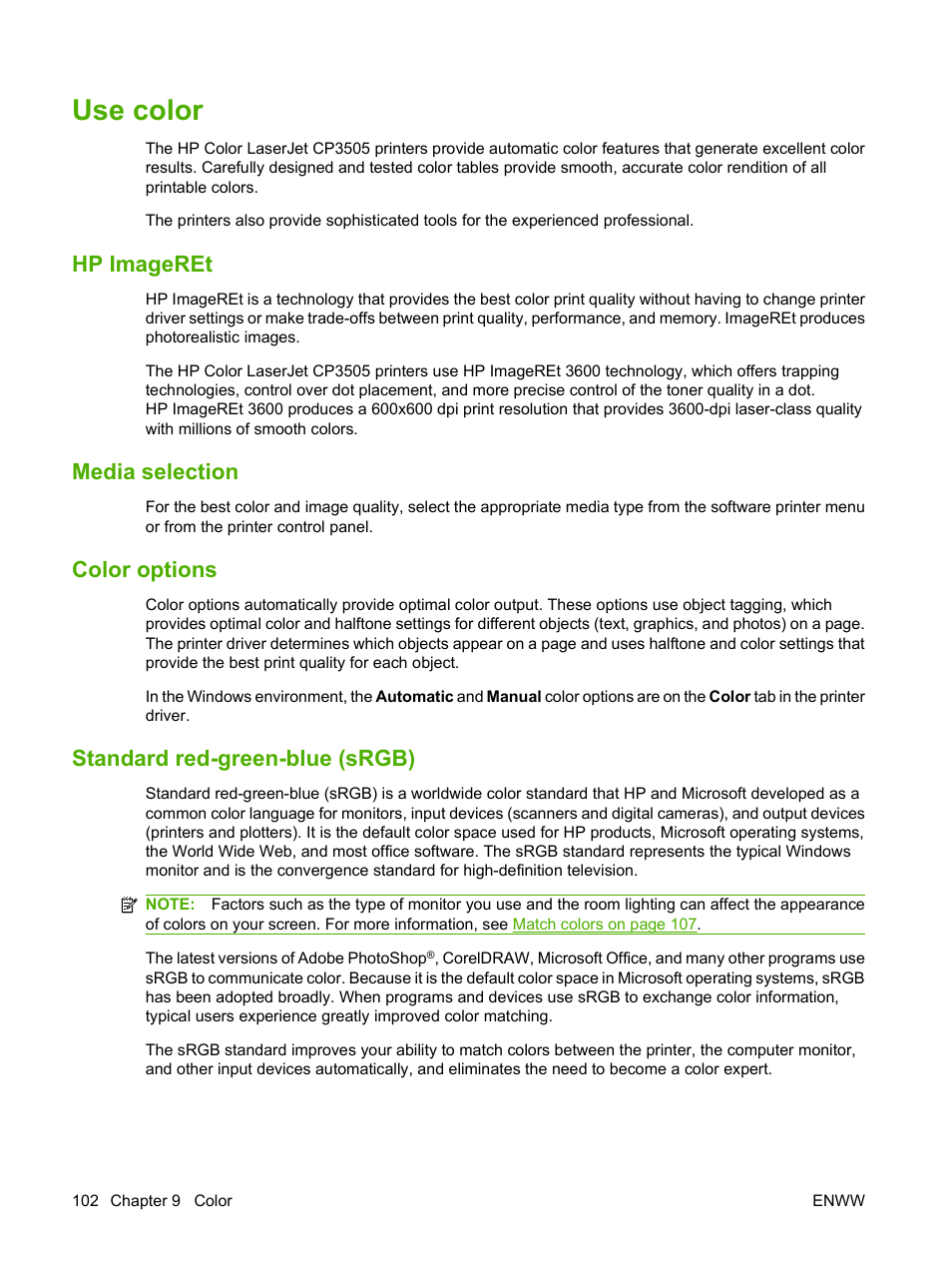 Use color, Hp imageret, Media selection | Color options, Standard red-green-blue (srgb) | HP Color LaserJet CP3505 Printer series User Manual | Page 114 / 226