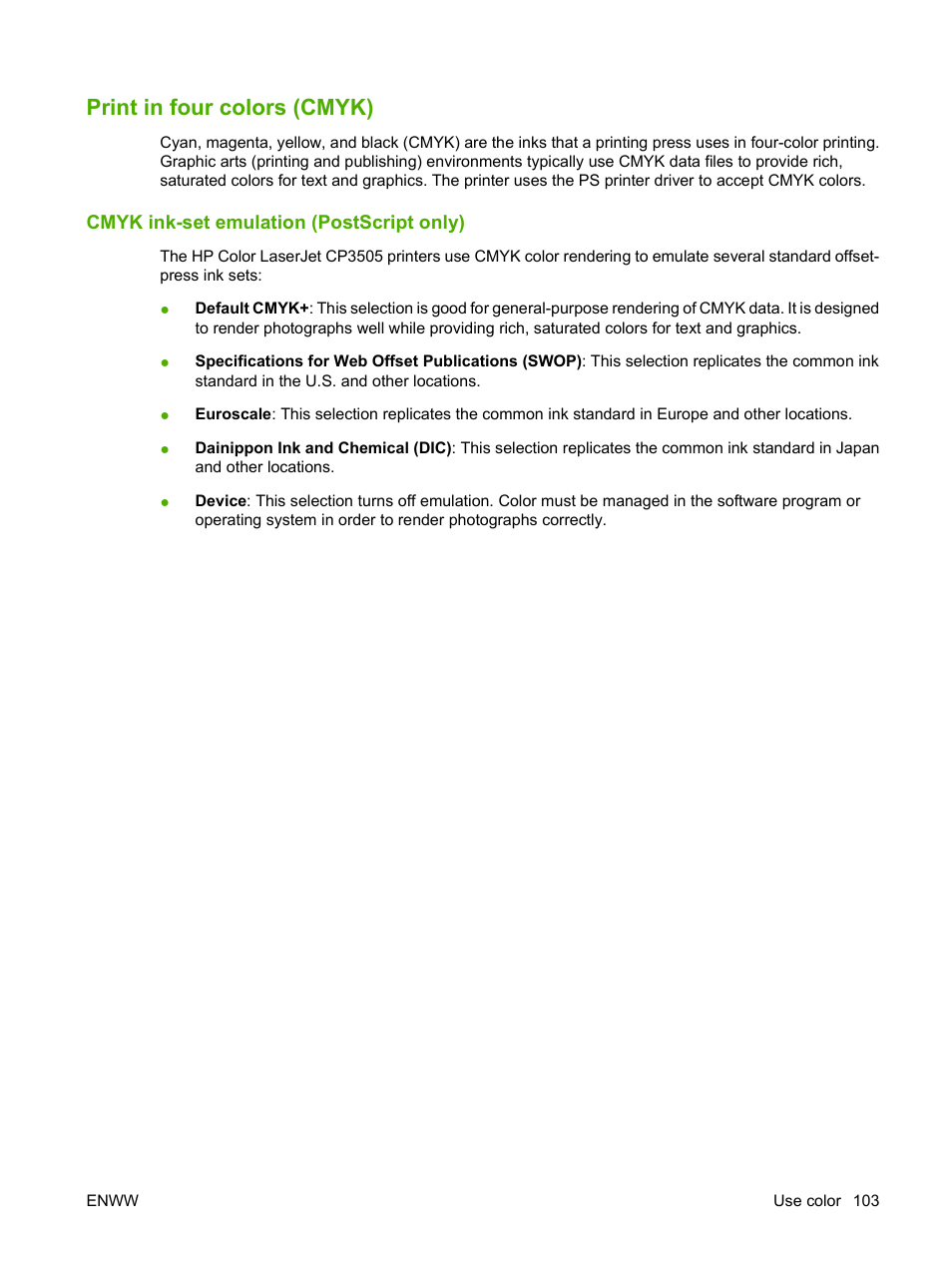 Print in four colors (cmyk), Cmyk ink-set emulation (postscript only) | HP Color LaserJet CP3505 Printer series User Manual | Page 115 / 226
