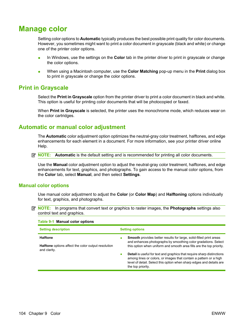 Manage color, Print in grayscale, Automatic or manual color adjustment | Manual color options | HP Color LaserJet CP3505 Printer series User Manual | Page 116 / 226