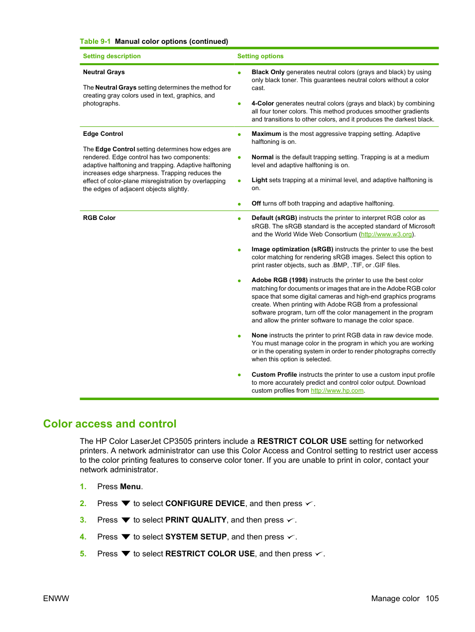 Color access and control | HP Color LaserJet CP3505 Printer series User Manual | Page 117 / 226