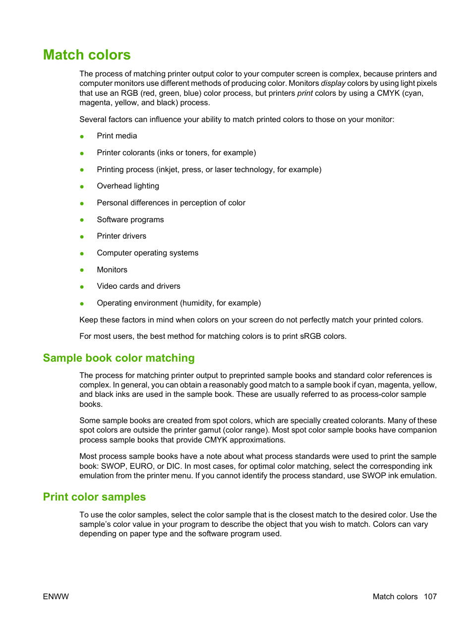 Match colors, Sample book color matching, Print color samples | Sample book color matching print color samples | HP Color LaserJet CP3505 Printer series User Manual | Page 119 / 226