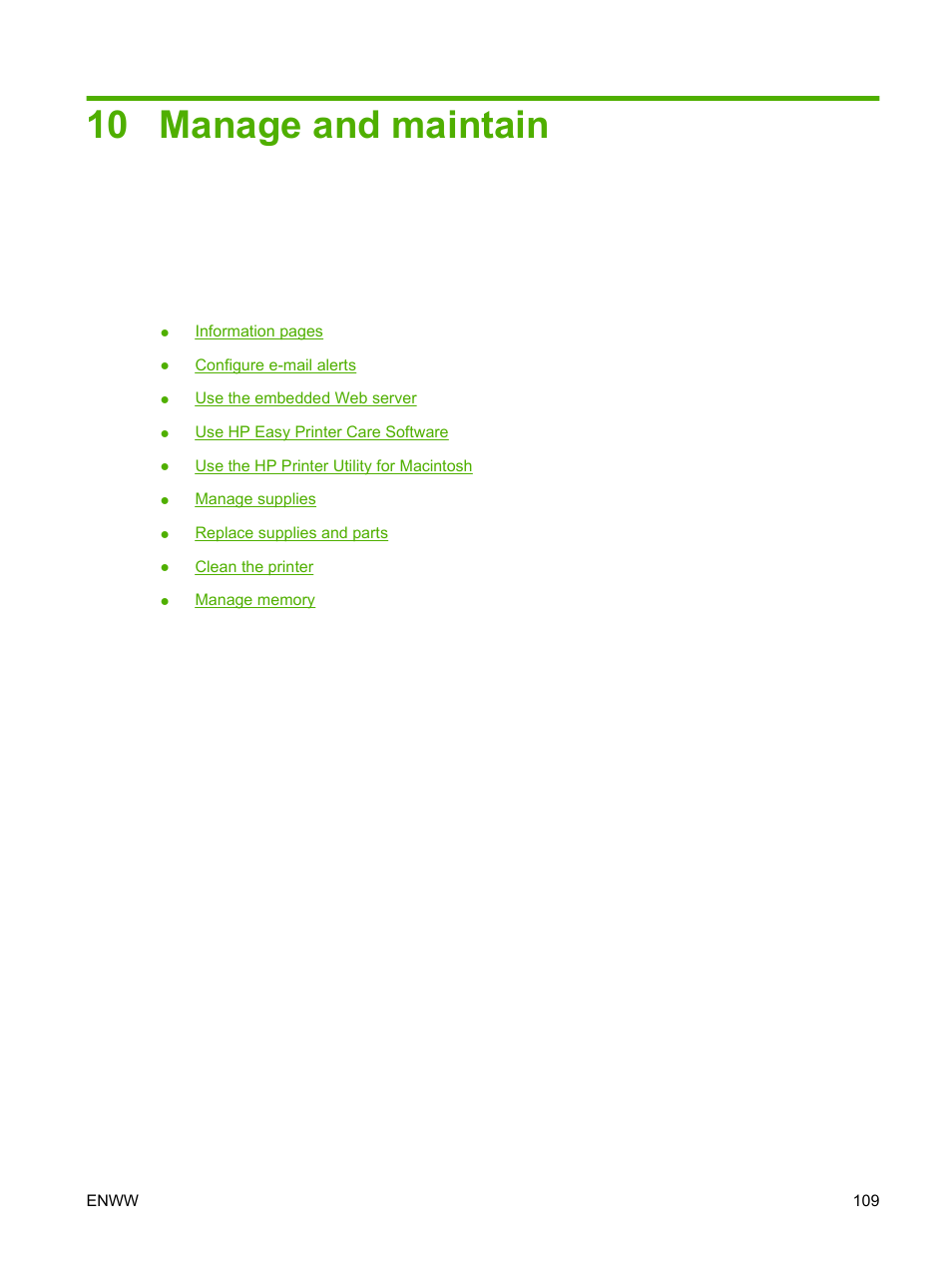 Manage and maintain, 10 manage and maintain | HP Color LaserJet CP3505 Printer series User Manual | Page 121 / 226
